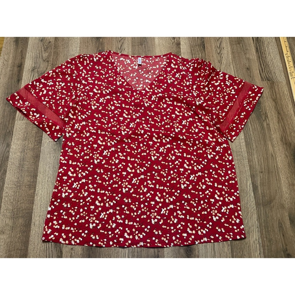 Jouica Shirt, Women's Size XL, Red White, Floral, V-neck